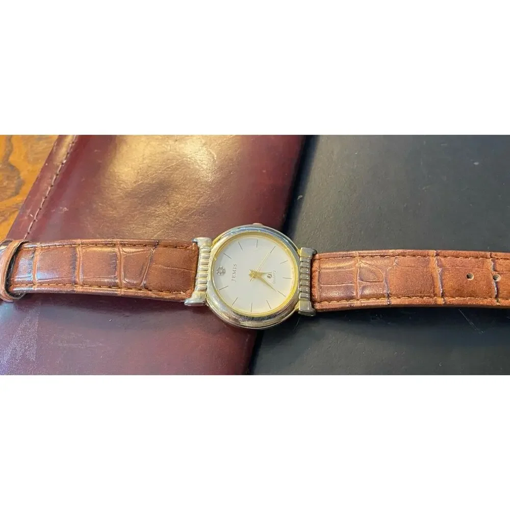 Unisex 32mm Gold Tone Jemis Watch, Brown Leather Band